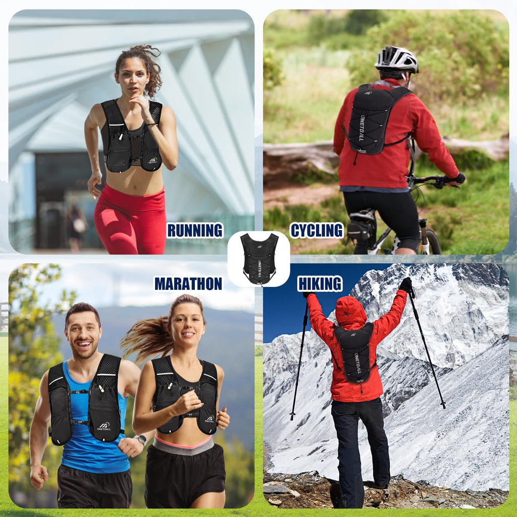 ONETOALL Running Vest for Women & Men,6L Hydration Backpack with 2L Water Bladder,Lightweight Water Backpack for Trail Running, Marathon, Hiking, Cycling, Jogging, Adjustable Fit Black