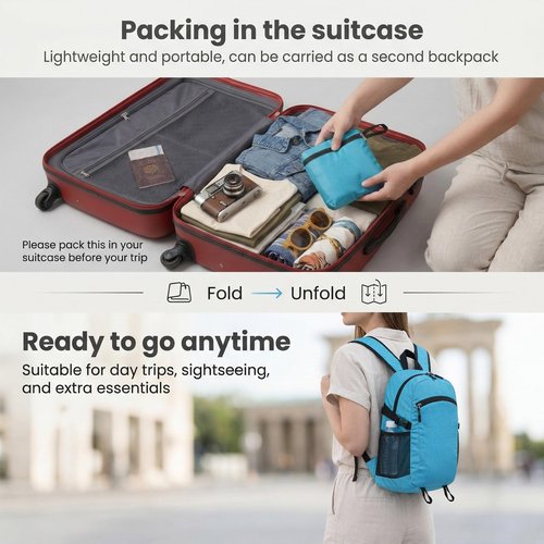 Five Substances Lightweight Hiking Backpack 30L Packable Foldable Daypack Collapsible Travel Bag Water-Resistant for Women Men (Black)