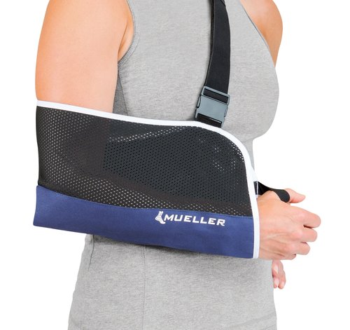 MUELLER Sports Medicine Adjustable Arm Sling - Comfortable Support for Left or Right Shoulder and Arm Injury, For Men and Women, Blue w/ Black Mesh, One Size Fits Most