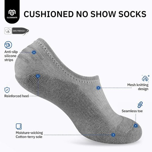 CLOSEMATE No Show Ankle Socks - Cushioned Low Cut with Silicone Grips | 6 Pairs for Women
