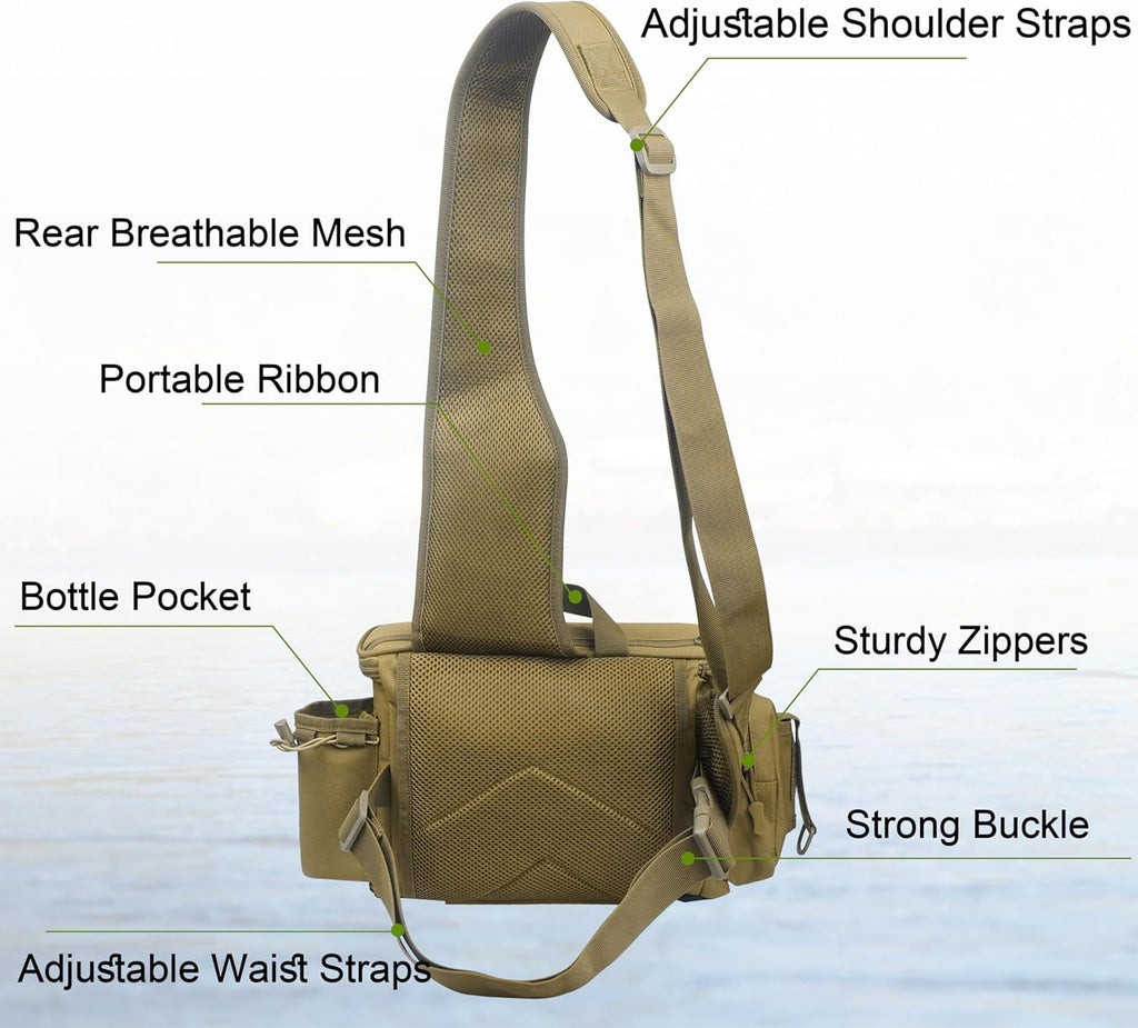 Skiennix Sling Tackle Bag - Lightweight Waterproof Fishing Backpack with Rod Holder | Outdoor Shoulder Pack