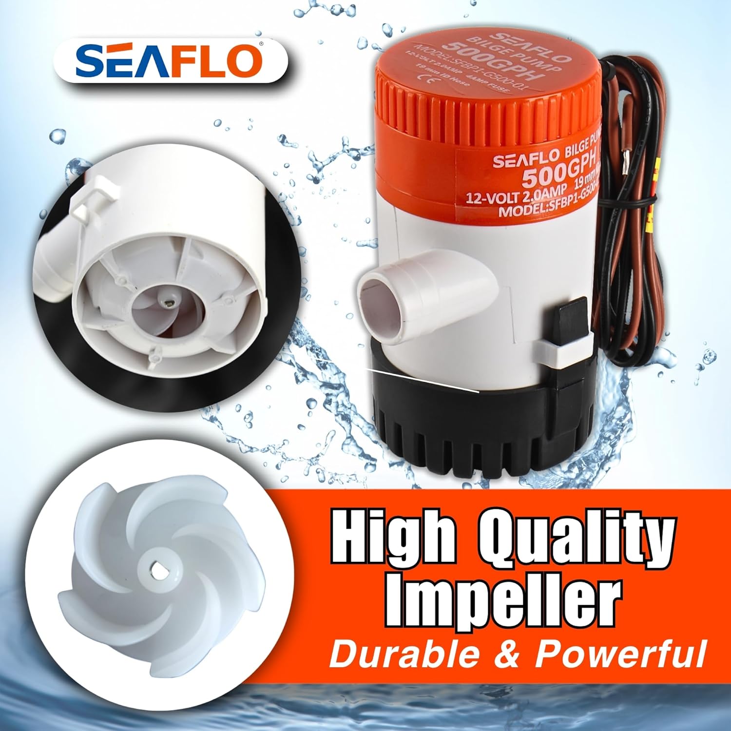SEAFLO 01 Series 500 GPH Bilge Pump - 12V Marine Submersible Pump with Anti-Airlock Protection | 4-Year Warranty