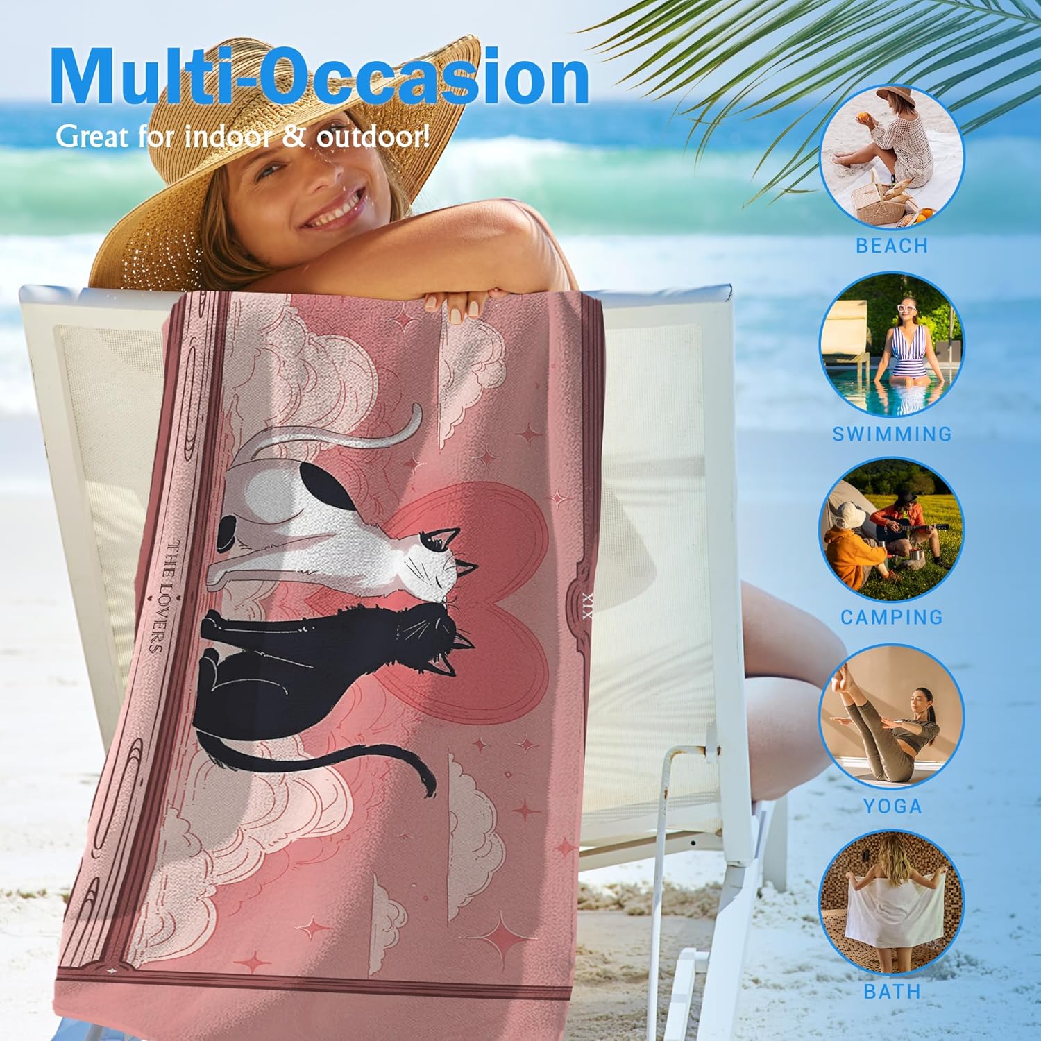 Pink Cat Valentine Beach Towel - Oversized Quick Dry Sand-Free Travel Towel | Perfect Gift for Women & Girls 30x60in