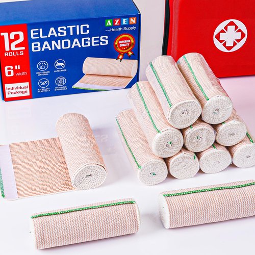 AZEN Premium 12 Pack Elastic Bandage Wrap 6 Inch, Compression Wrap Bandage for Legs, Ankle, Knee, Tummy, Body, Latex-Free, Lymphedema Wraps for Legs
