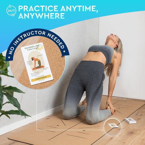 Ohmsana Natural Cork Yoga Mat with Alignment Lines and 55 Instructional Cards in 7 Themes for Beginner - Non-Slip Eco Friendly - 183x66x5mm for Home Workouts, Balance & Precision