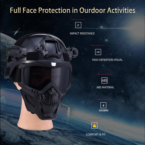 Airsoft Helmet and Mask,Tactical Airsoft Helmet and Full Face Fox Mask Set - Black Paintball Gear with Detachable Goggles, NVG Mount, and Side Rails