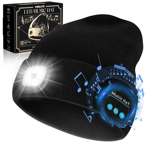 VIBELITE Bluetooth Beanie Hat with Light, Gifts for Men, USB Rechargeable LED Headlamp with Wireless Headphones, Birthday Gifts for Men, Dad, Him, Teen Boys, Husband, Women, Boyfriend, Black