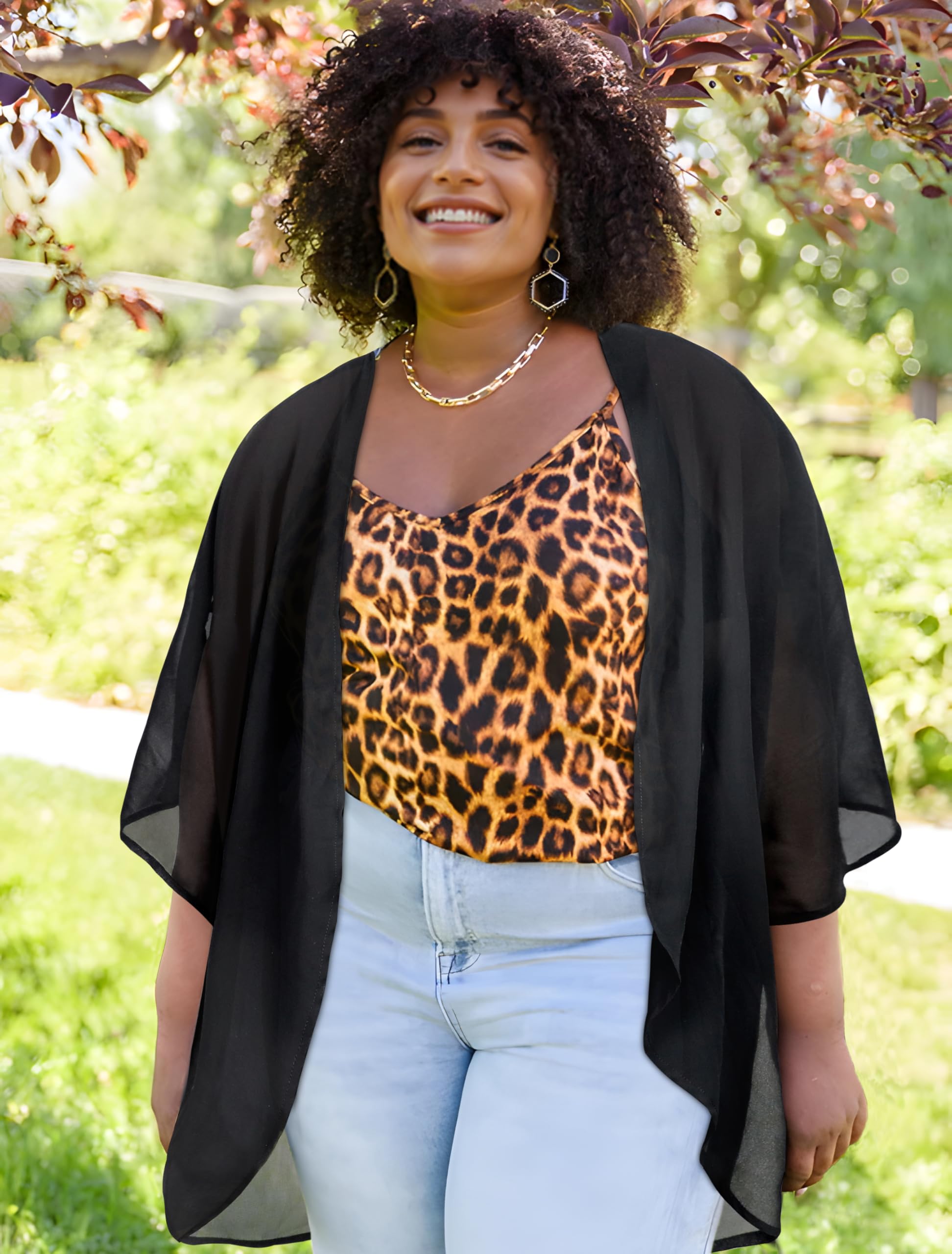 Women Summer Tops Kimono Cardigans Sheer Beach Cover Ups Chiffon Open Front Shirts （Black,2XL)