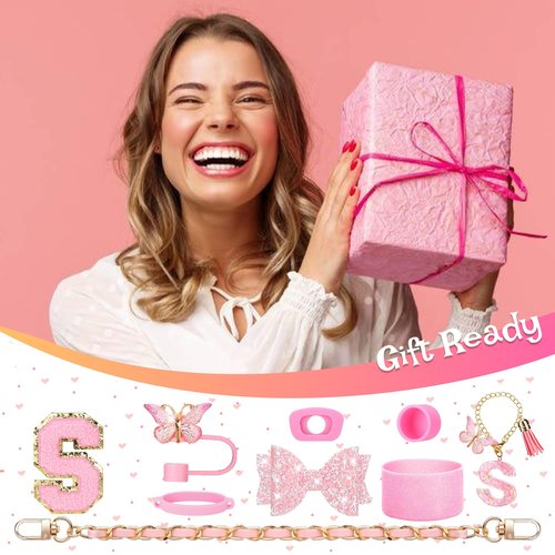 Aouloves Stanley Cup Accessories Set of 9 PCS - Including Pink Bow, Chain Handle, Letter Stickers, Butterfly Tassel Letter Pendant, Butterfly Cup lid, Spill Proof Stopper, Cup Holder,30oz 40oz.(S)