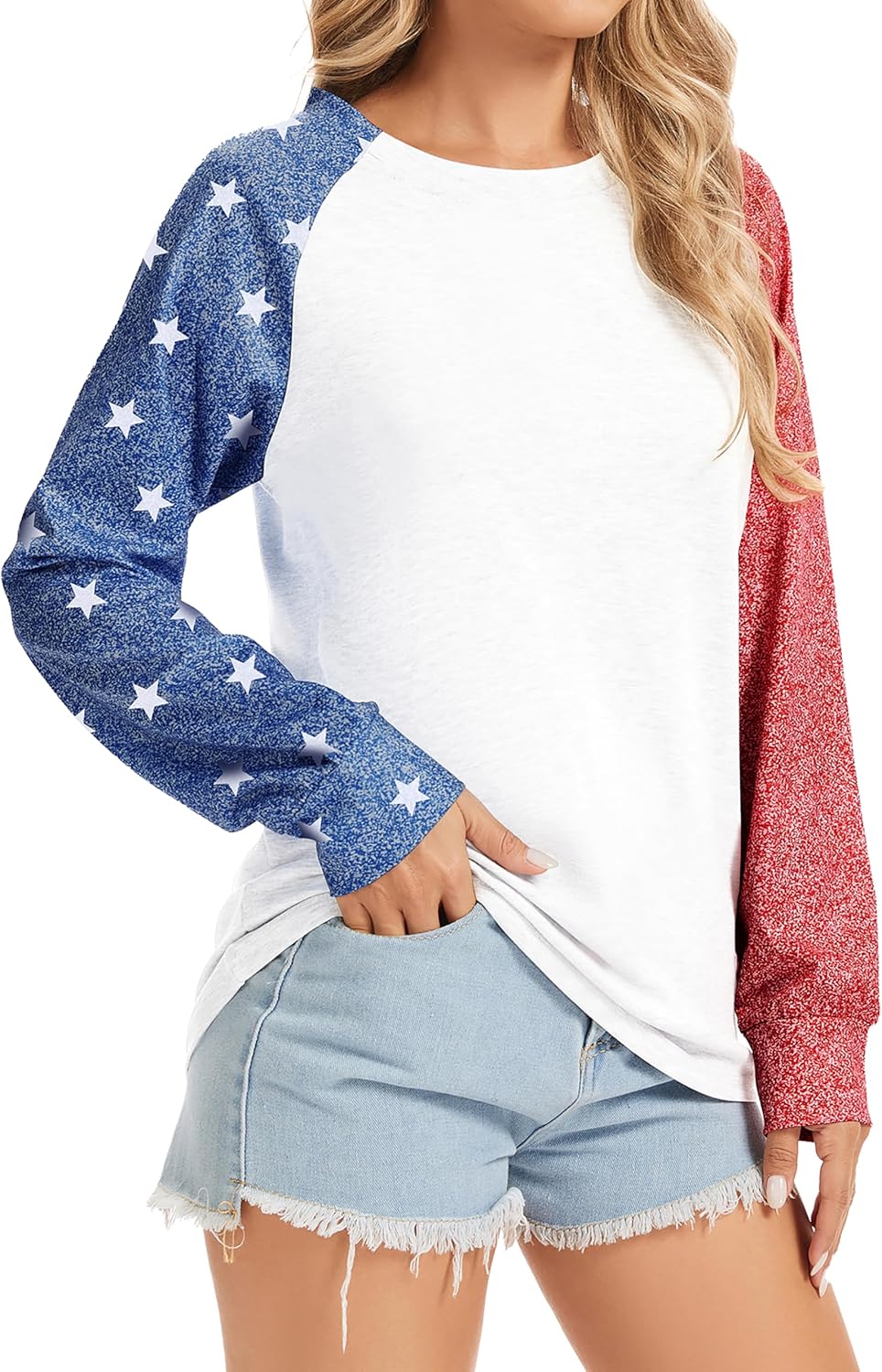 TSMNZMU Women's Star Print Colorblock Shirt - Long Sleeve American Flag Blouse for 4th of July