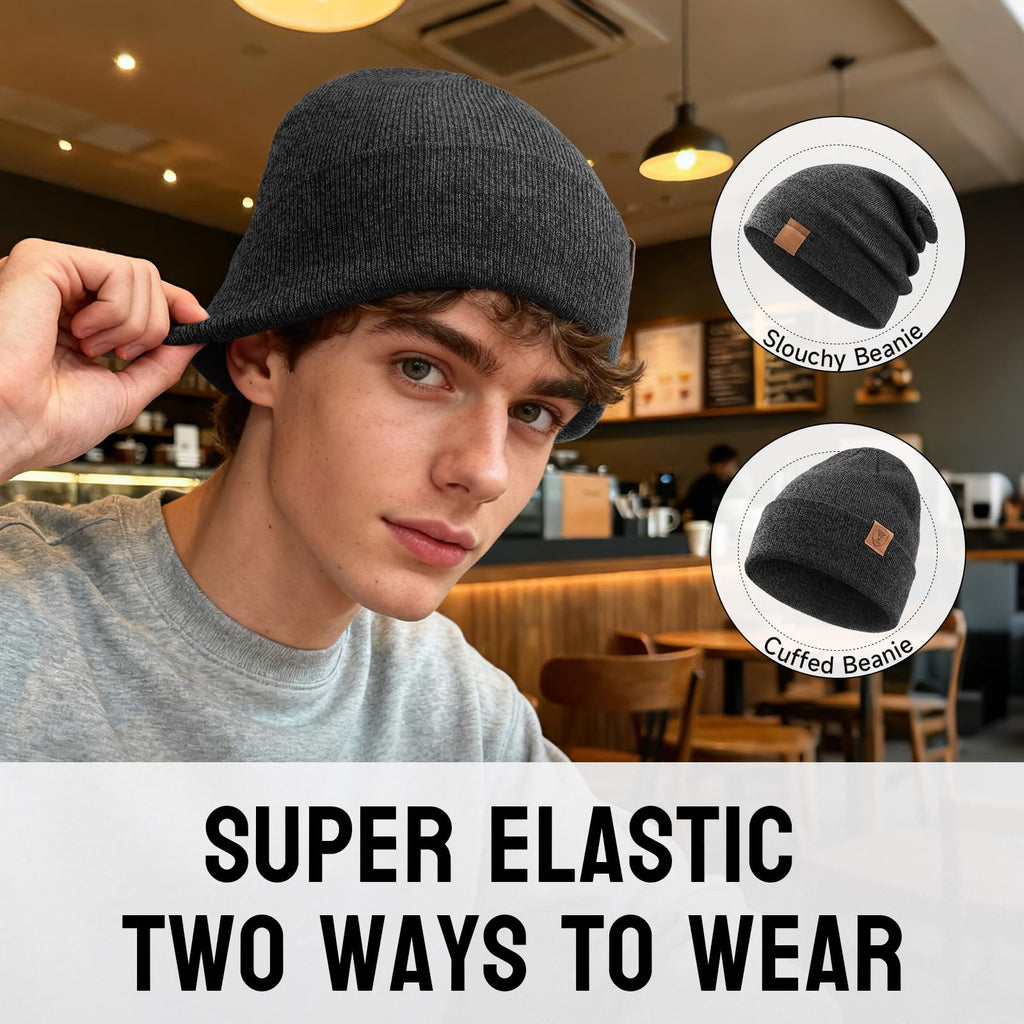 OZERO Winter Beanie for Men Women: 2-Pack Daily Knit Cuffed Hat, Skull Thermal Caps, Warm Soft for Cold Weather Black Gray