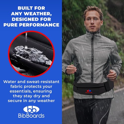 BibBoards Running Belt for Men & Women - Water & Sweat-Repellent No Bounce Runners Fanny Pack for Phone, Keys, Cards & Money, Adjustable Running Band for Marathon, Jogging, Cycling — Black, 44"