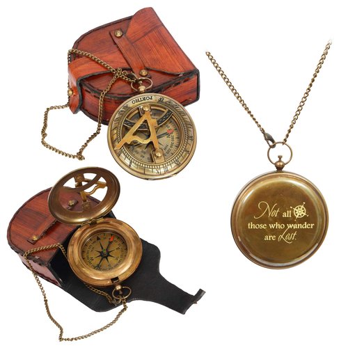 Engraved Brass Sundial Compass Gift for Men with Leather Case – Pocket Compass for Adventure, Travel, Hiking, Camping – Graduation, Baptism, Confirmation Gift for Him