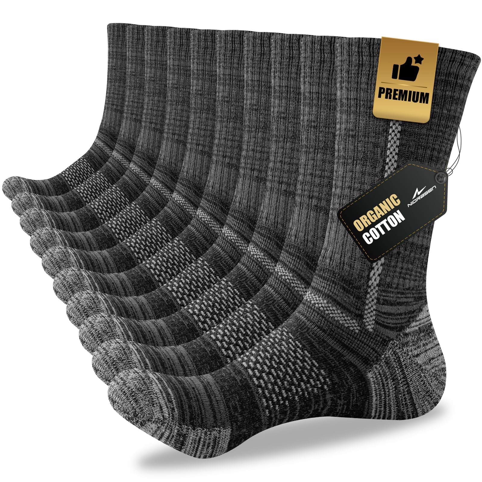 Niorasen Men's Cotton Crew Work Socks, 5 Pairs Cushioned Boot Moisture Athletic Socks for Hiking Sports Running