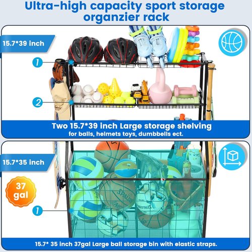 Kinghouse Basketball Rack - Steel Sport Equipment Organizer with Bat Holder & Hooks | Easy Assembly for Garage & Home Gym