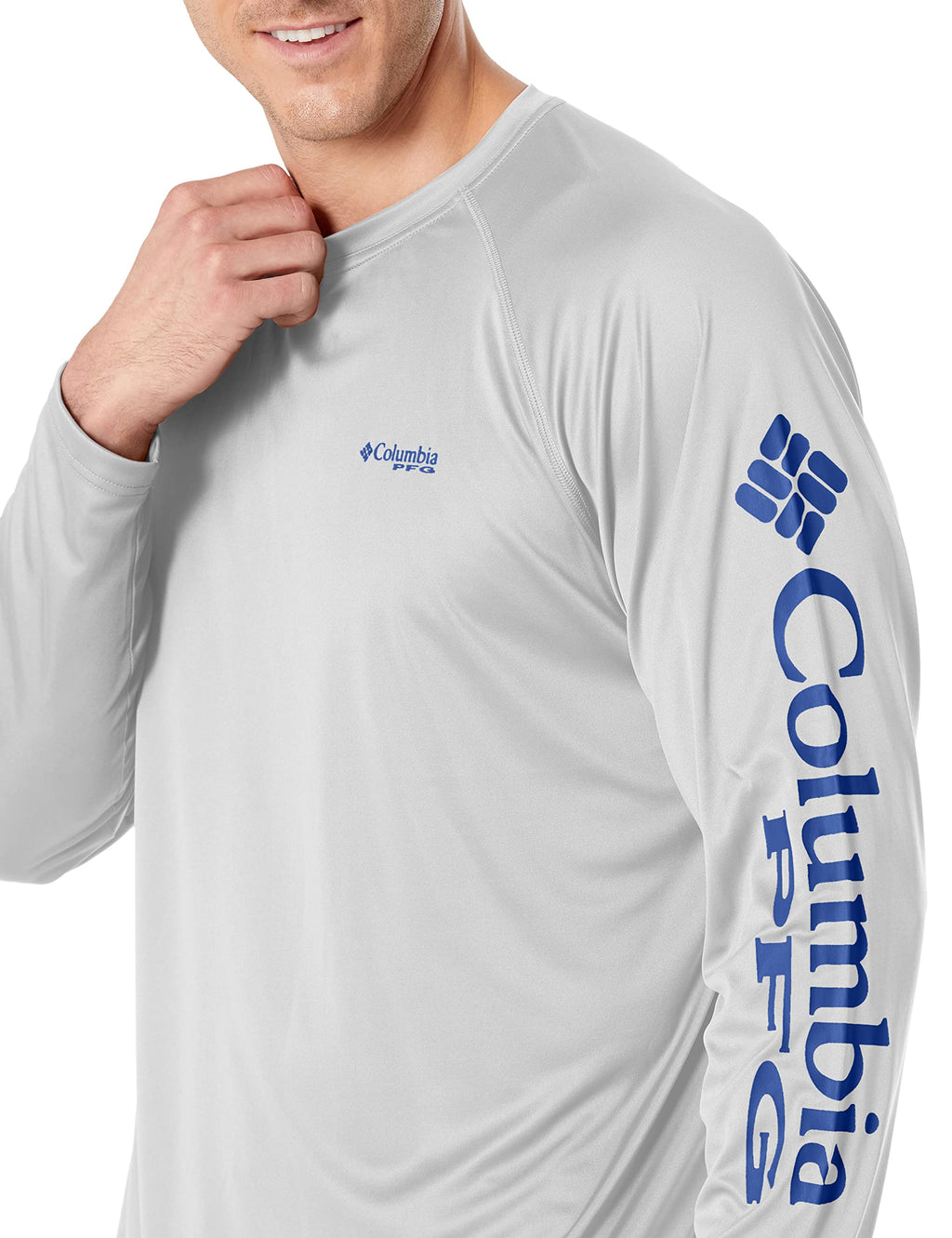 Columbia Men's PFG Terminal Tackle Long Sleeve Fishing Shirt, Cool Grey/Vivid Blue Logo, X-Large Tall