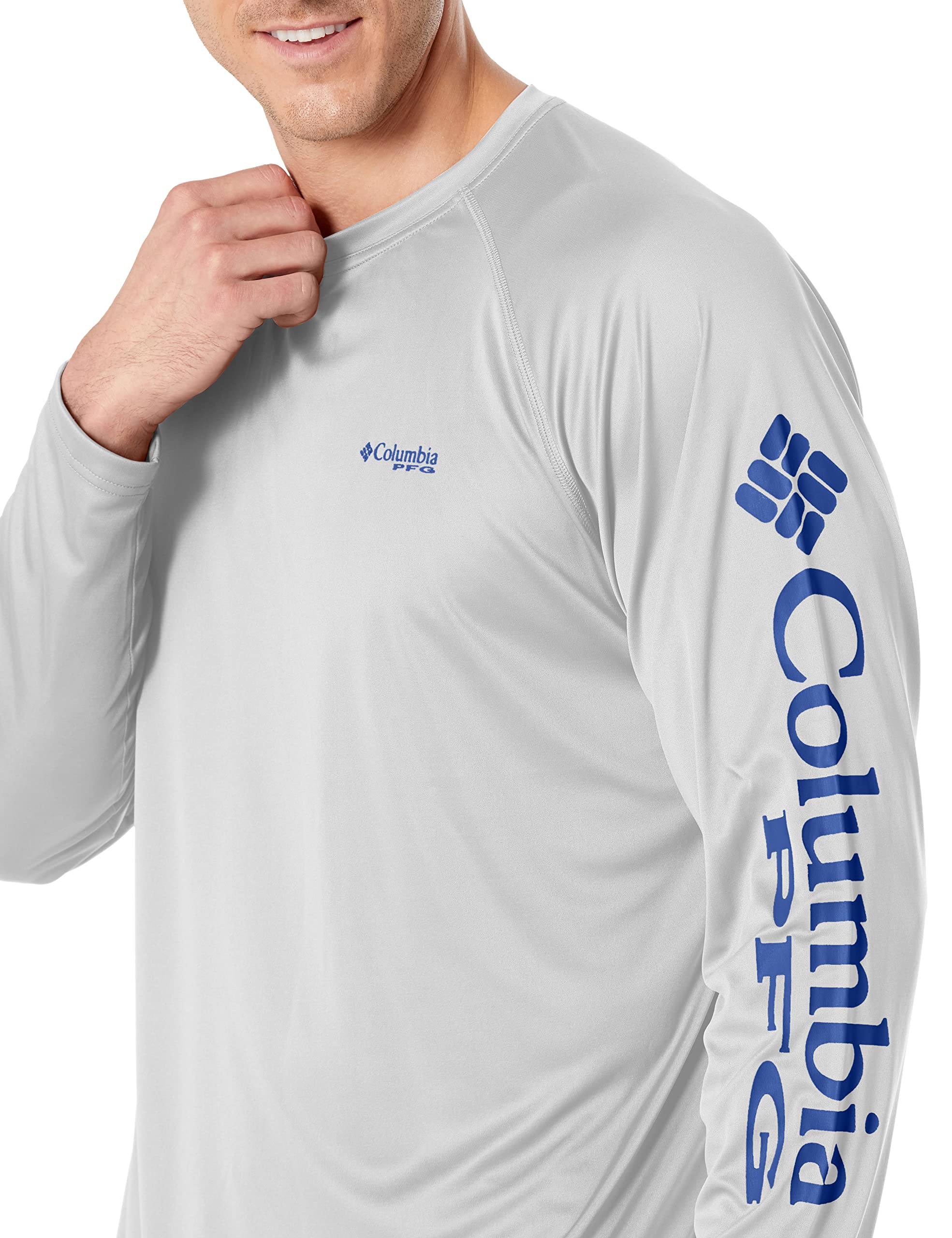Columbia Men's PFG Terminal Tackle Long Sleeve Fishing Shirt, Cool Grey/Vivid Blue Logo, X-Large Tall