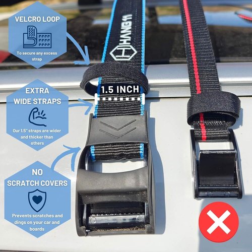 Hang 11 Surfboard Roof Rack - Soft Padded Design with No-Scratch Buckles | Fits Most Vehicles, Carries Up to 6 Boards