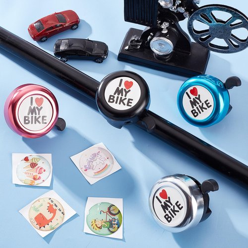 CREATCABIN I Love My Bike Bicycle Bell Classic Aluminum Bike Bells Ring Loud Crisp Sound Cycling Bell Small Black Handlebars Bells with 4Pcs Resin Stickers for Road Mountain Bike Accessories 2x2Inch