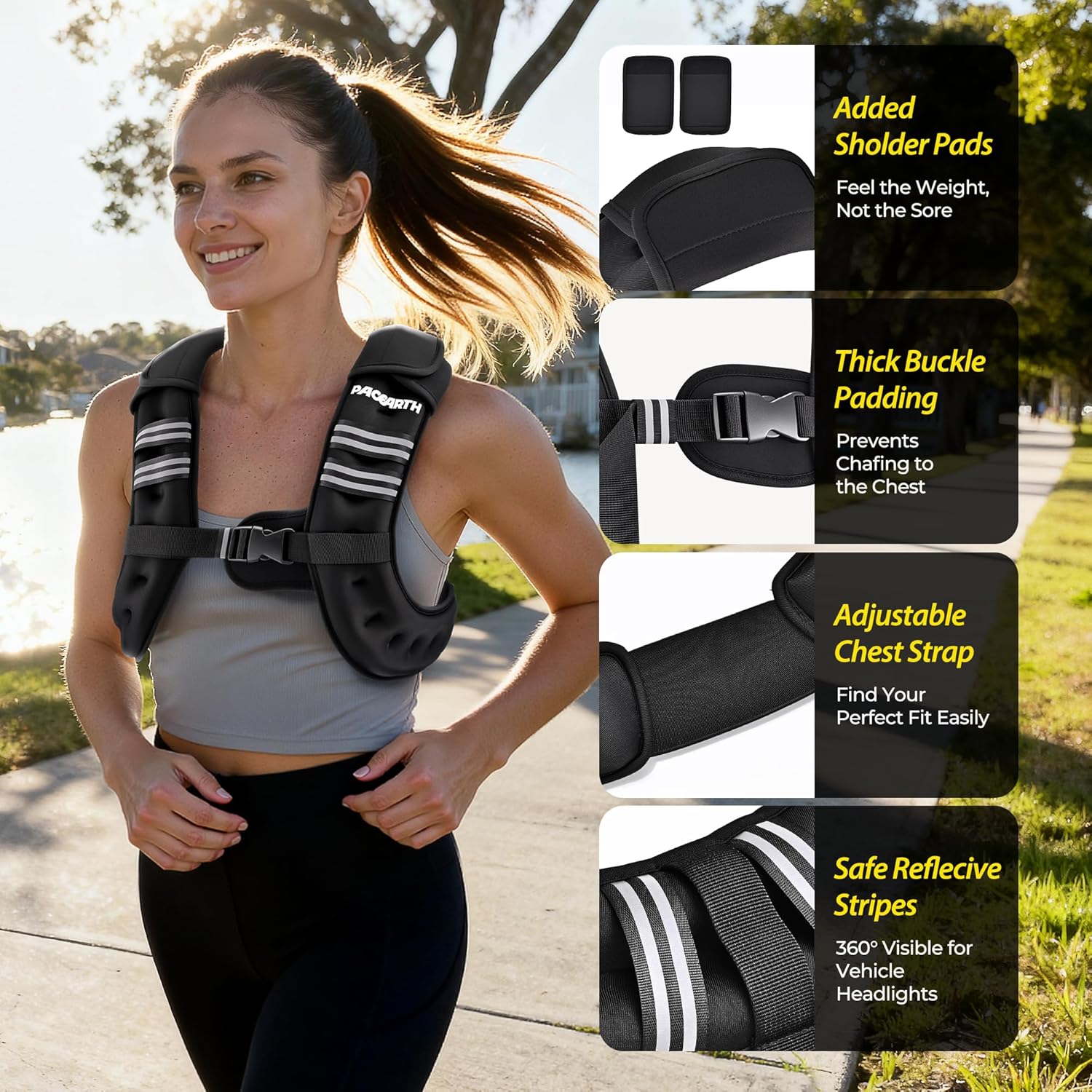 PACEARTH Weighted Vest - Adjustable 6lb to 30lb | Reflective Stripe for Enhanced Safety - Ideal for Strength Training & Weight Loss