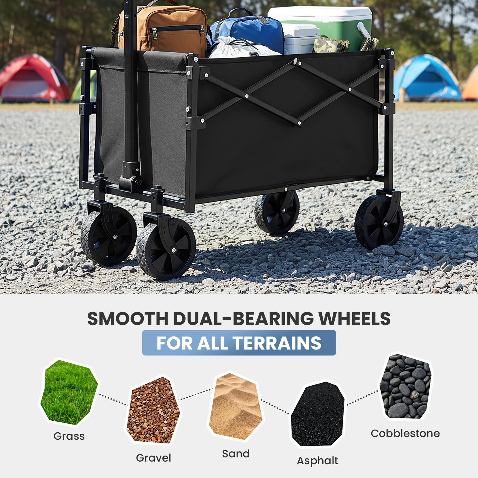 DUMOS Collapsible Wagon with Wheels, 176 lbs Wagons Carts Foldable Wagon Cart with Flexible Handle, Lightweight Portable Folding Utility Grocery Shopping Cart for Grocery Sports Garden Camping - Black