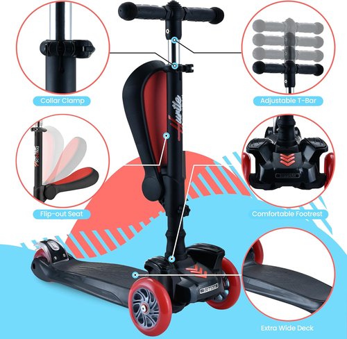 Hurtle 3-Wheeled Kids Scooter - LED Wheel Lights, Adjustable Handlebar & Foldable Seat | Ages 1-14