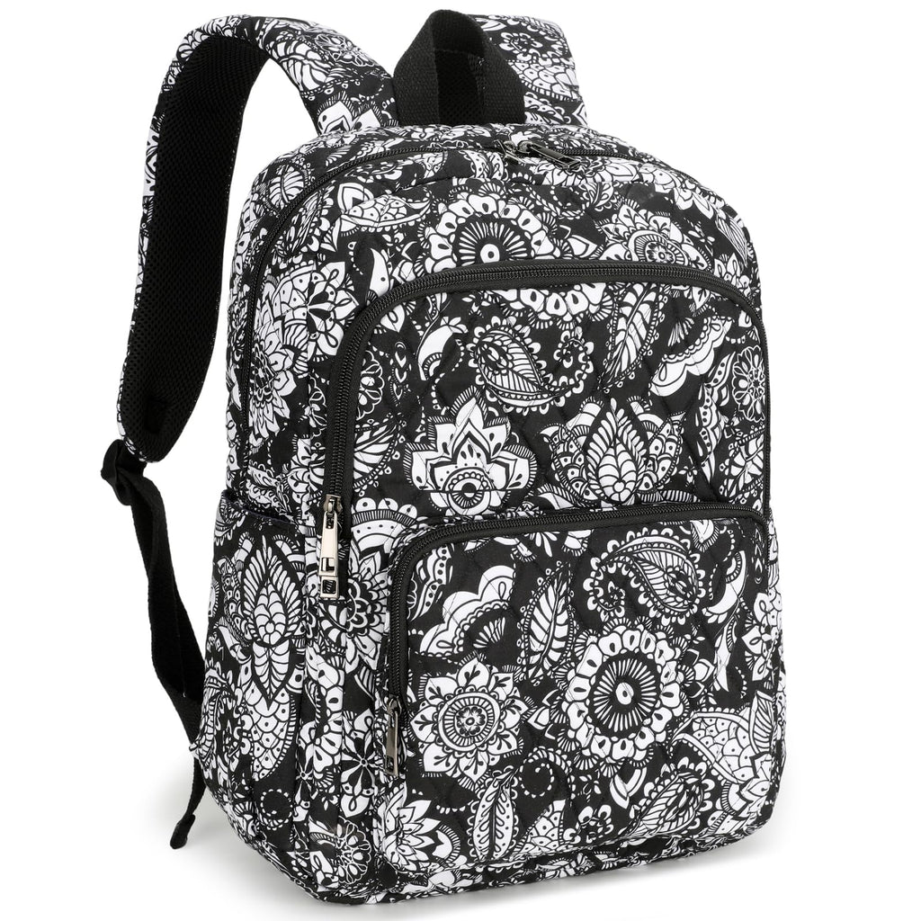 Searock Quilted Backpack for Women, Floral Backpack for Girls, Cotton Lightweight Bookbag for Travel, Work Black