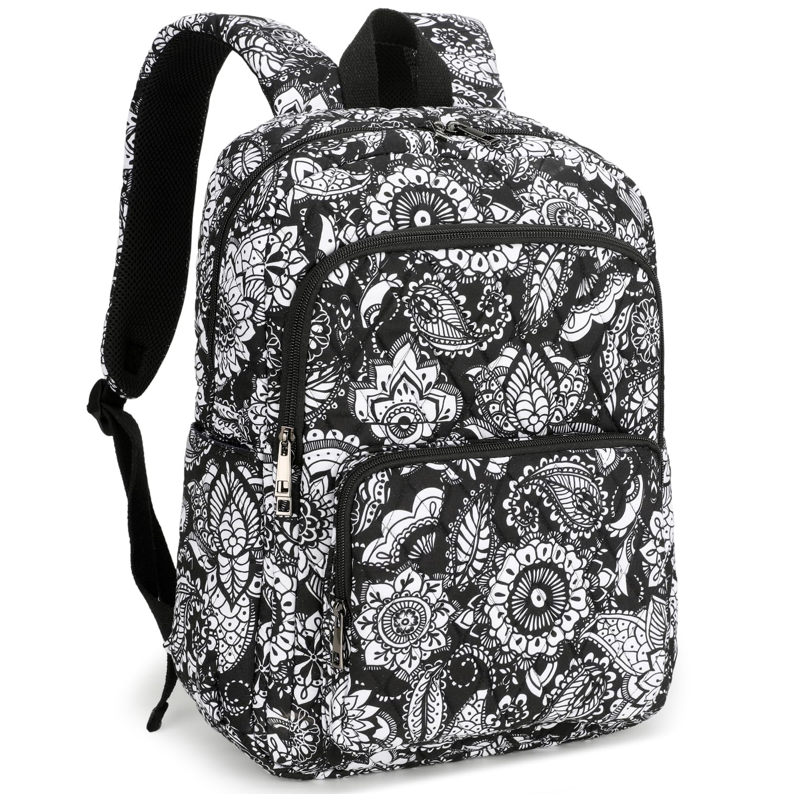 Searock Quilted Backpack for Women, Floral Backpack for Girls, Cotton Lightweight Bookbag for Travel, Work Black