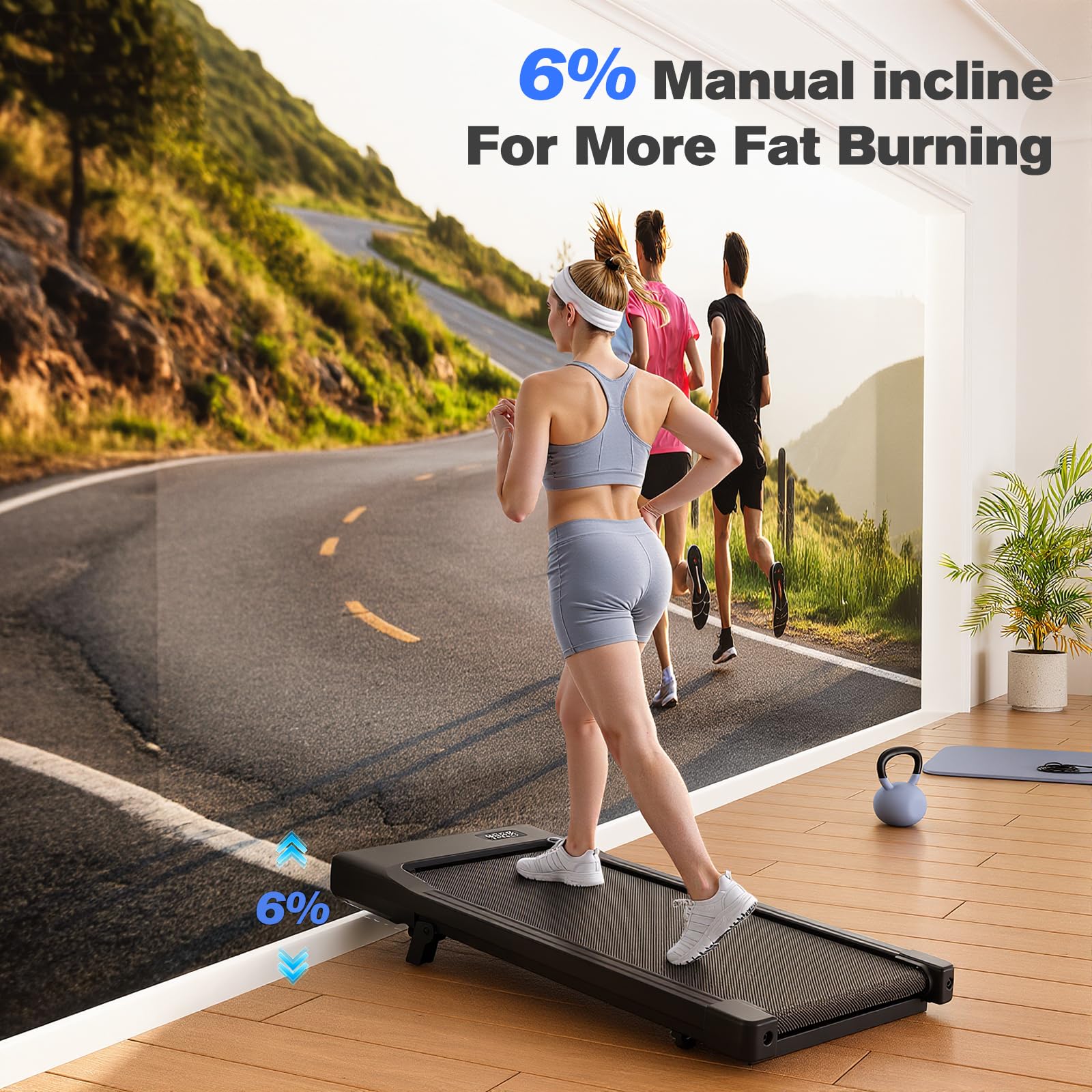 Lacuffy Walking Pad with 6% Incline, 300LBS Capacity Under Desk Treadmill for Home Office, Quiet Portable Mini Treadmill with App & Remote Control,No Assembly,Slim Design for Small Spaces(BA09&Black)
