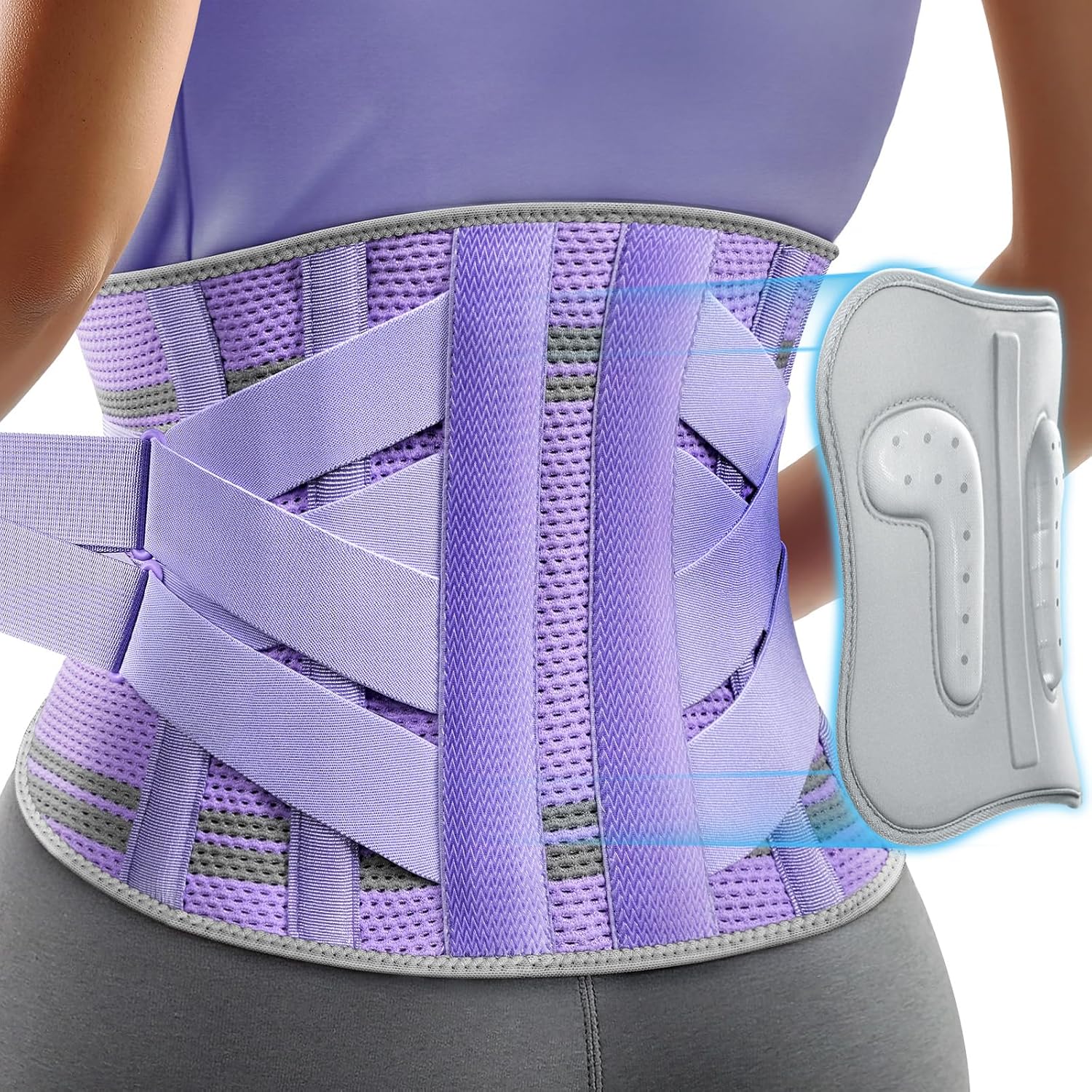 Rakiie Back Brace - Ergonomic Lumbar Support for Lower Back Pain Relief | Breathable Mesh, Purple M (Waist: 32.3"-39.8")