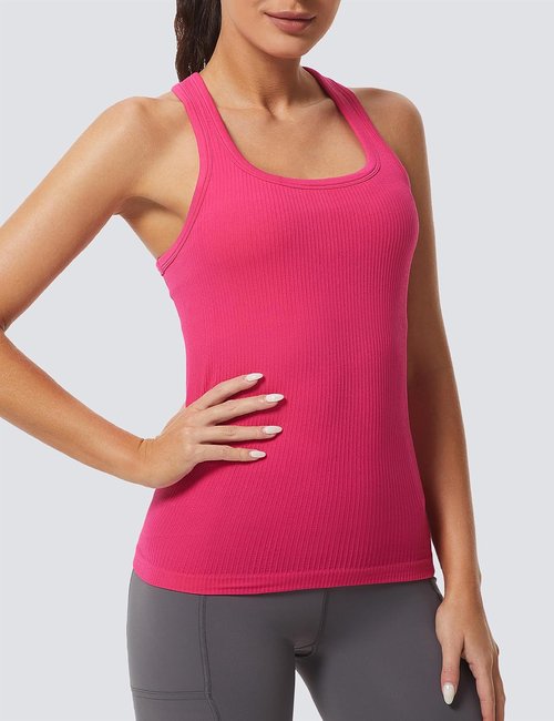 MathCat Women's Athletic Workout Tank - Seamless Racerback Yoga Top with Built-In Bra | Ribbed Design