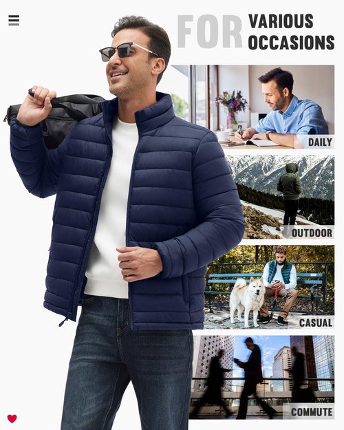 WHN Men's Puffer Jacket Lightweight Winter Waterproof Windproof Stand Collar Full Zipper Coat with 3 Pockets Navy L