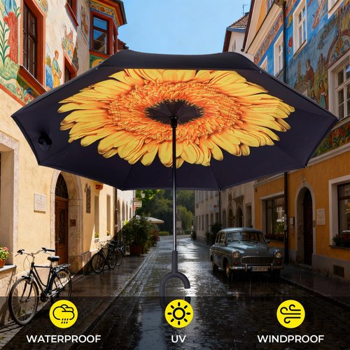 LLanxiry Inverted Umbrella, Windproof Reverse Umbrella with C‑Shaped Handle, Self-Standing, Double‑Layer Canopy for Car, Travel & Everyday Use