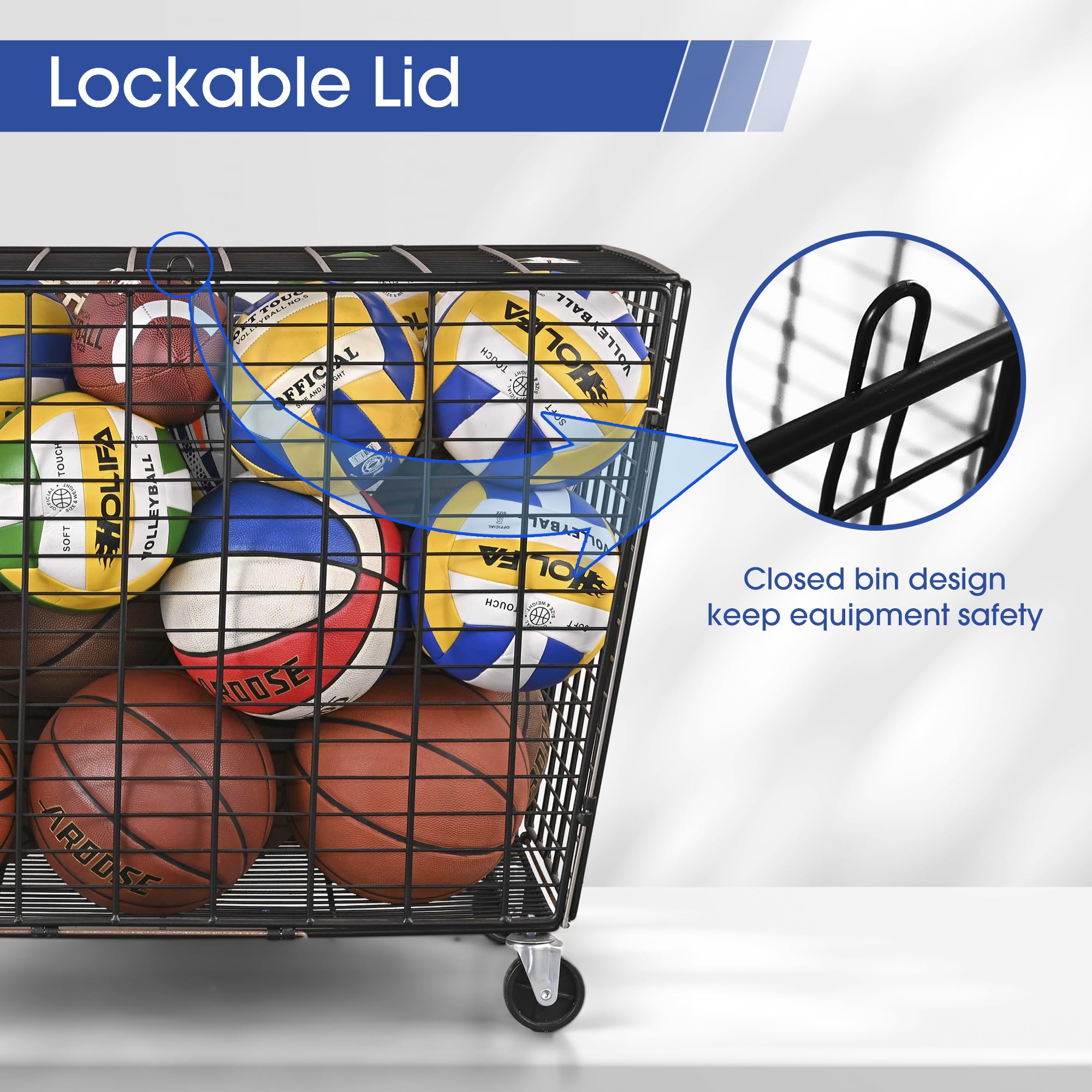 Mythinglogic Rolling Sports Ball Storage Cart, Sports Lockable Ball Storage Locker with Elastic Straps, Stackable Ball Cage for Garage Storage Garage Organizer (Large Set)