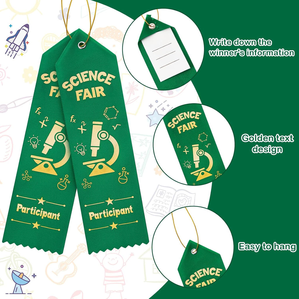 Taiyin 25 Pcs Science Fair Award Ribbons - Green Participation Prizes with Event Card String