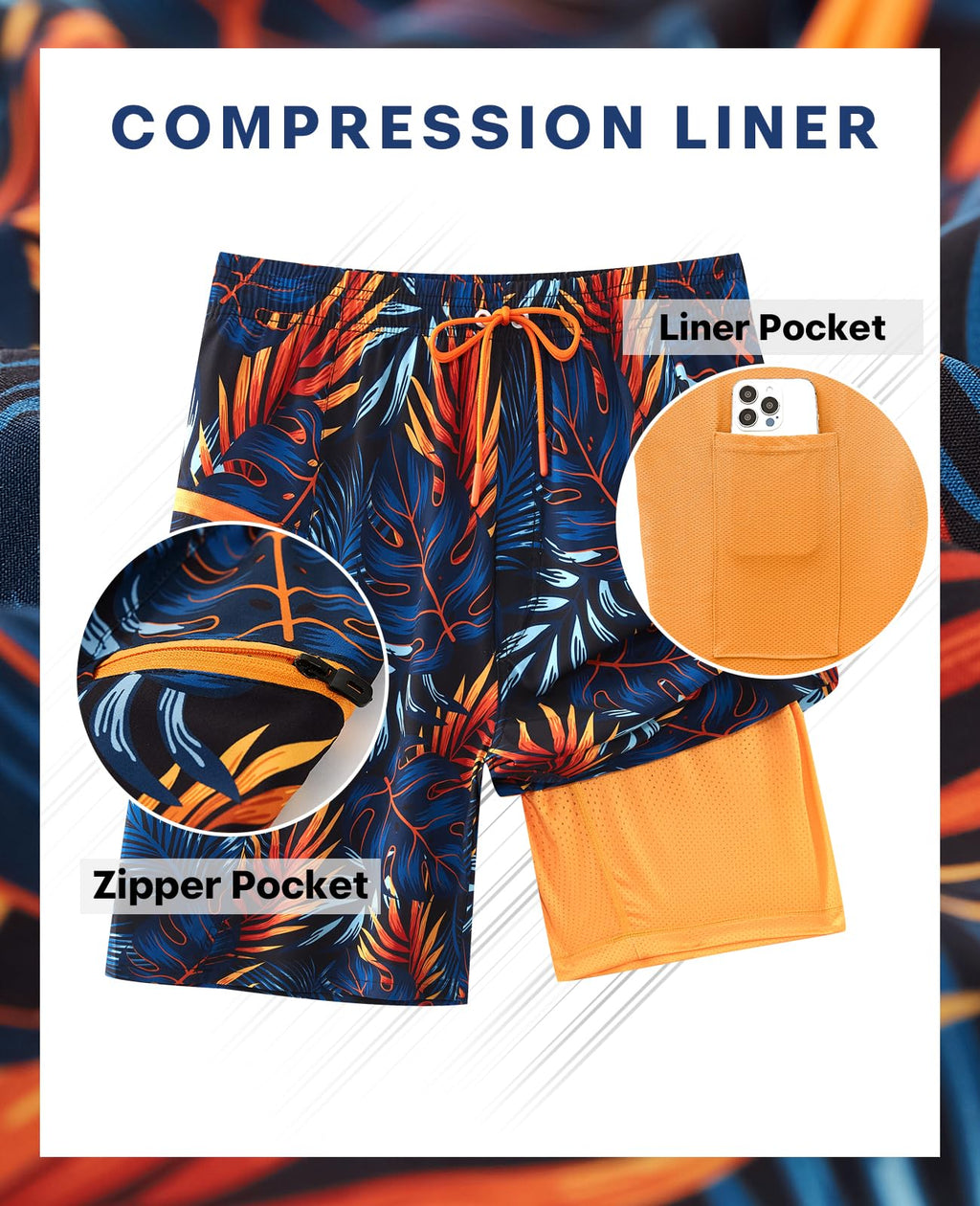 APTRO 2 in 1 Men's Swim Trunks 9" with Zipper Pockets Bathing Suit Built-in Board Shorts Swimwear Long Shorts Palm Orange 1X
