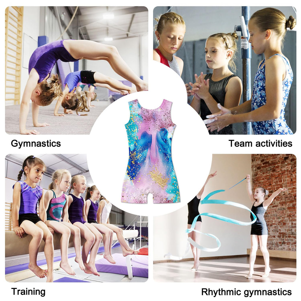 Funnycokid Gymnastics Leotards for Girls Dance Outfits Unitard Sparkly Clothes with Shorts, Diamond Blue Pink, 5-6 Years