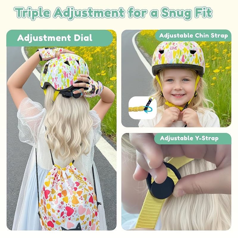 Toddler Bike Helmet with Gloves and Backpack Set - 3 Sizes, Adjustable for Ages 1-8+ (Flower Kitten)