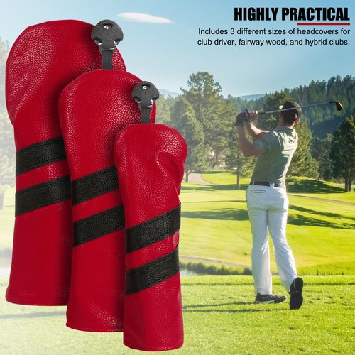 Golf Club Headcover PU Club Covers Wood Fairway Hybrid Rotatable Label 3 Size Club Head Cover Protector for Sports Outdoor (red)