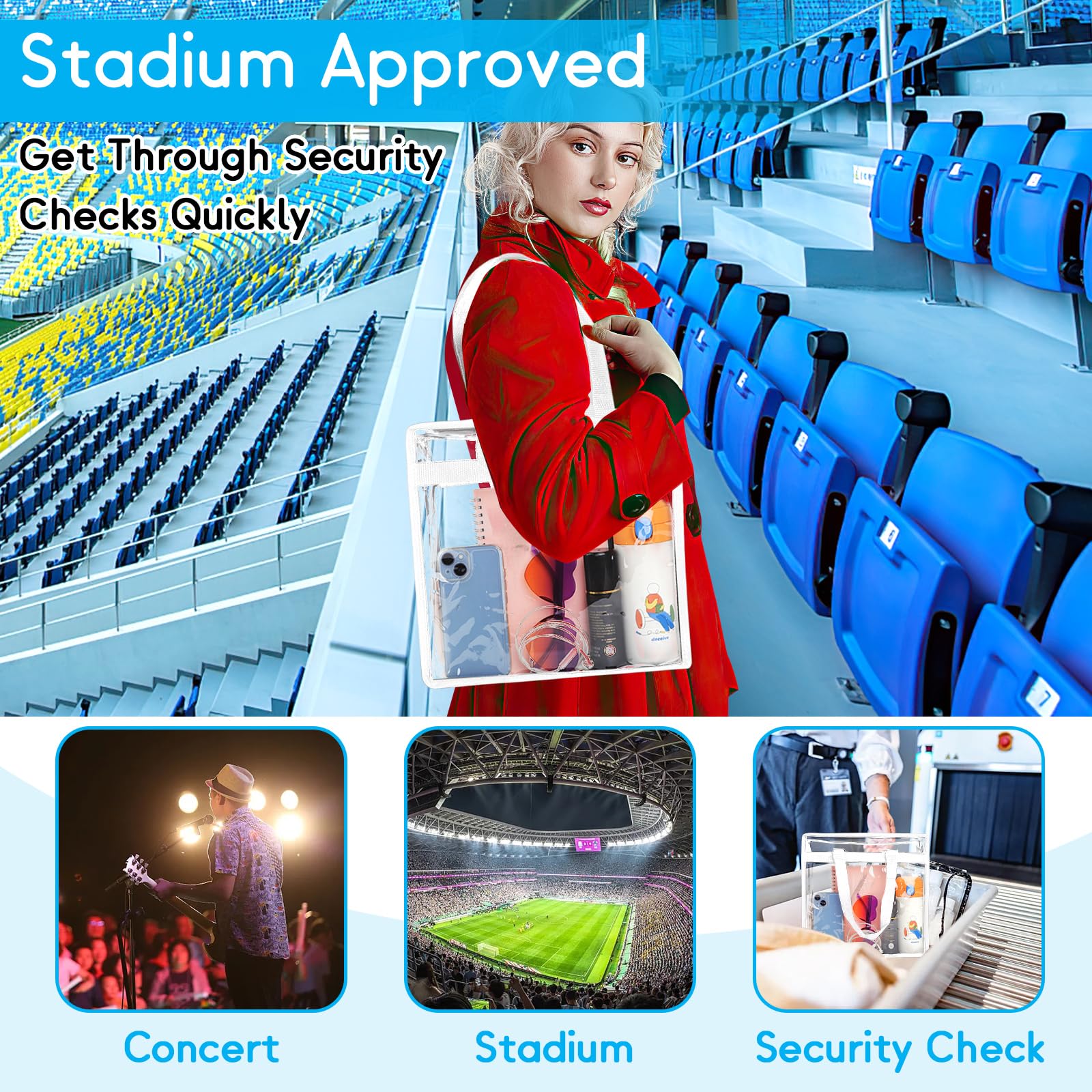 Hoiny Clear Bag for Stadium Events Approved, 12x6x12 Large Transparent Tote Bag with Zipper for Gym Concert Sports Festivals (White)