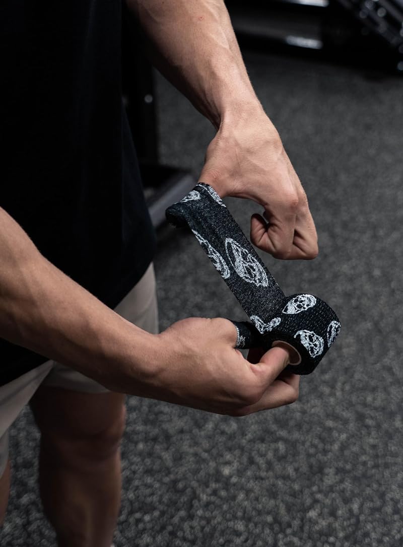 Gymreapers Hook Grip Weightlifting Tape (3 Pack) Black - 2” Sweat-Proof Skull Tape for Thumb Protection