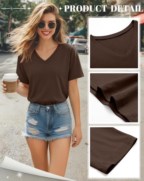 Huukeay Women's V-Neck Basic Tees - 5 Pack Comfortable Casual Short Sleeve T-Shirts | Solid Colors for Summer