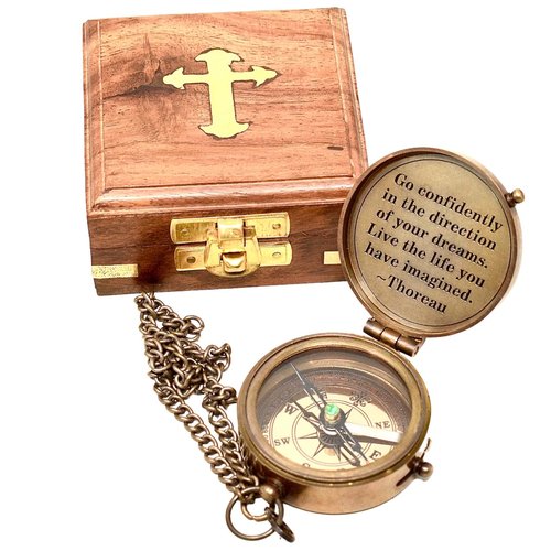 Engraved Antique Nautical Directional Magnetic Compass with Scripture Baptism Gifts, Graduation Highschool Gift for him with Wooden Case Go Confidently Compass in Cross Wooden Box