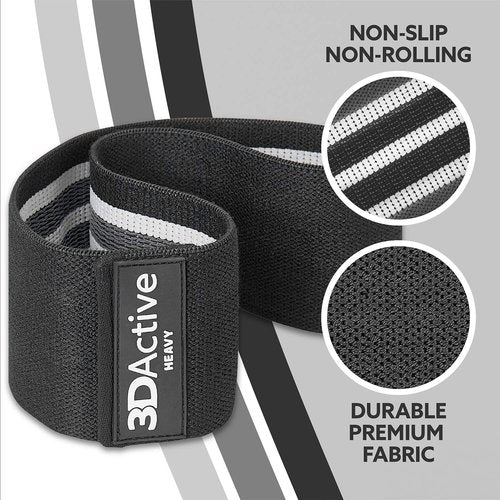 3DActive Fabric Resistance Bands for Legs & Butt. Wide Non-Slip Hip Band Set for Home & Gym Workouts. Exercise Guide & Carry Bag Included - Black, Dark Grey, Light Grey.