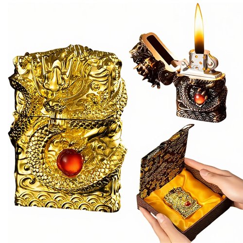 NINSI Refillable Kerosene Lighter - Vintage Dragon Design, Windproof Soft Flame Trench Lighter for Men & Women, Collectible Antique Gifts (Gold)