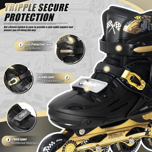 Kids Inline Skates Cool Racing Car Decoration Blades Roller for Boys Girls - Golden for Teenagers Youth Age 10 11 12 - Adjustable All Light up Wheels Indoor Outdoor Birthday Gift for Son and Grandson