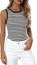 PRETTYGARDEN Summer High Neck Striped Tank Top - Casual Sleeveless Ribbed Knit Shirt for Women