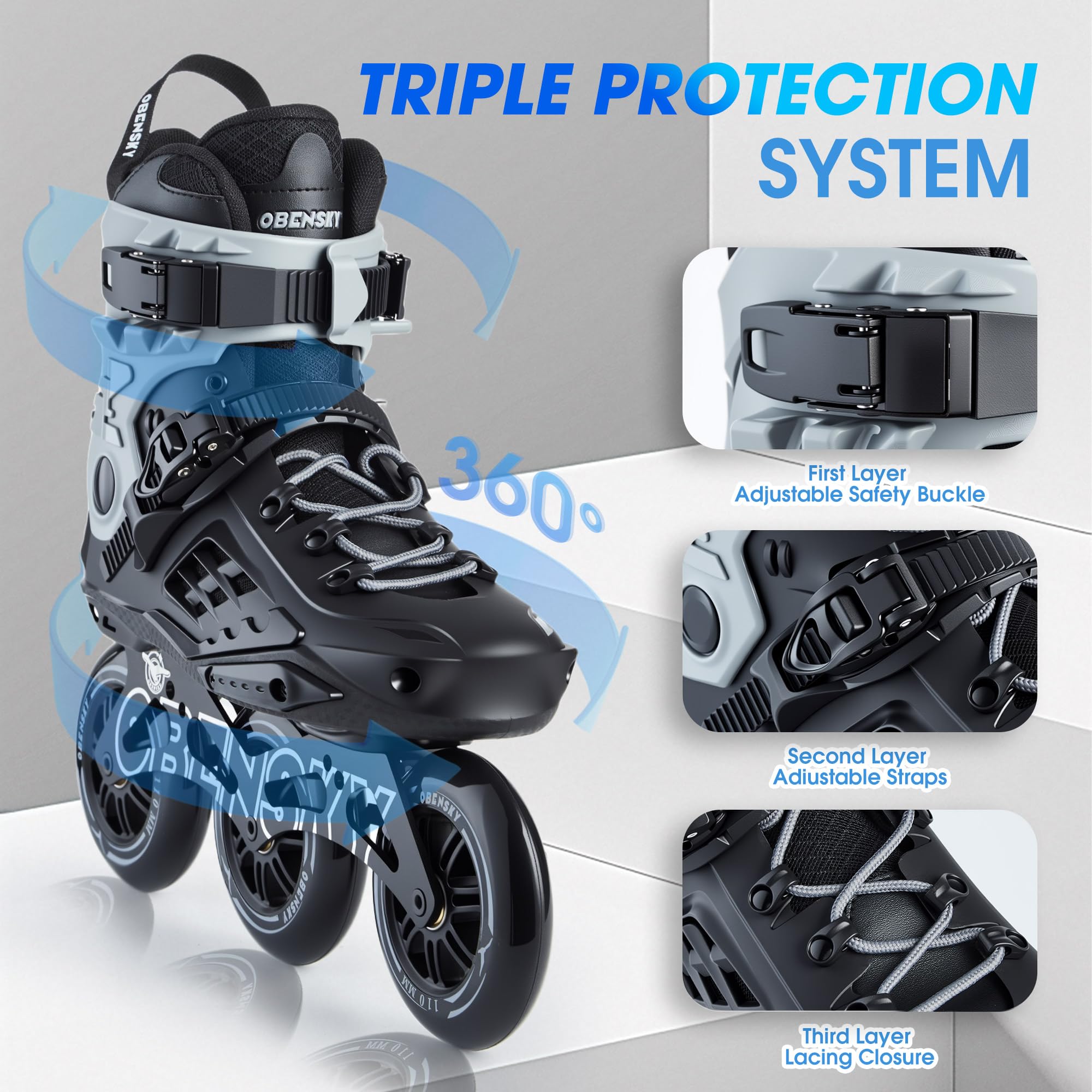 OBENSKY Adults Roller Blades for Women & Men, Inline Skates High Professional Roller Skate Blade for Teens, Fitness & Recreation Racing Skates, Black & Gray, Size 6.5-10.5