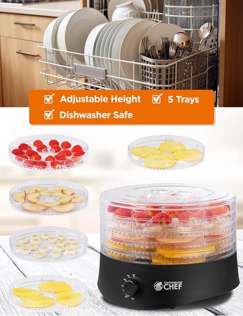 Commercial Chef Food Dehydrator - 5 BPA-Free Trays for Meat, Fruit & Veggies | 280W Adjustable Thermostat, Black