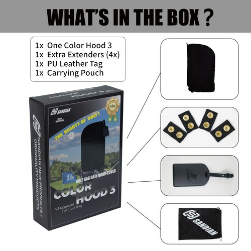 Sandian, Golf Bag Rain Hood Cover V3 Cape, Upgraded Version Color Hood3, Padded Club Protection, Heavy Duty All Weather Resistant, One Size Fits Most Stand Carry Cart Tour Bags [Black Color]